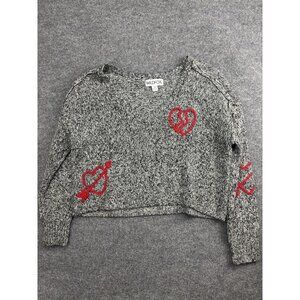 Wildfox Sweater Womens Medium Gray Heart Graphic Crew Neck Knit Pullover